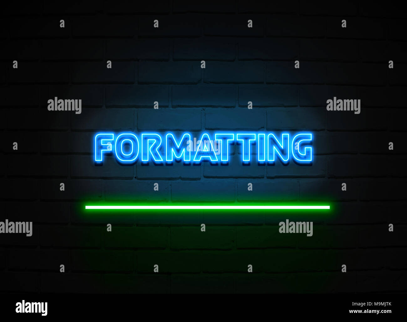 Formatting neon sign - Glowing Neon Sign on brickwall wall - 3D rendered royalty free stock illustration. Stock Photo