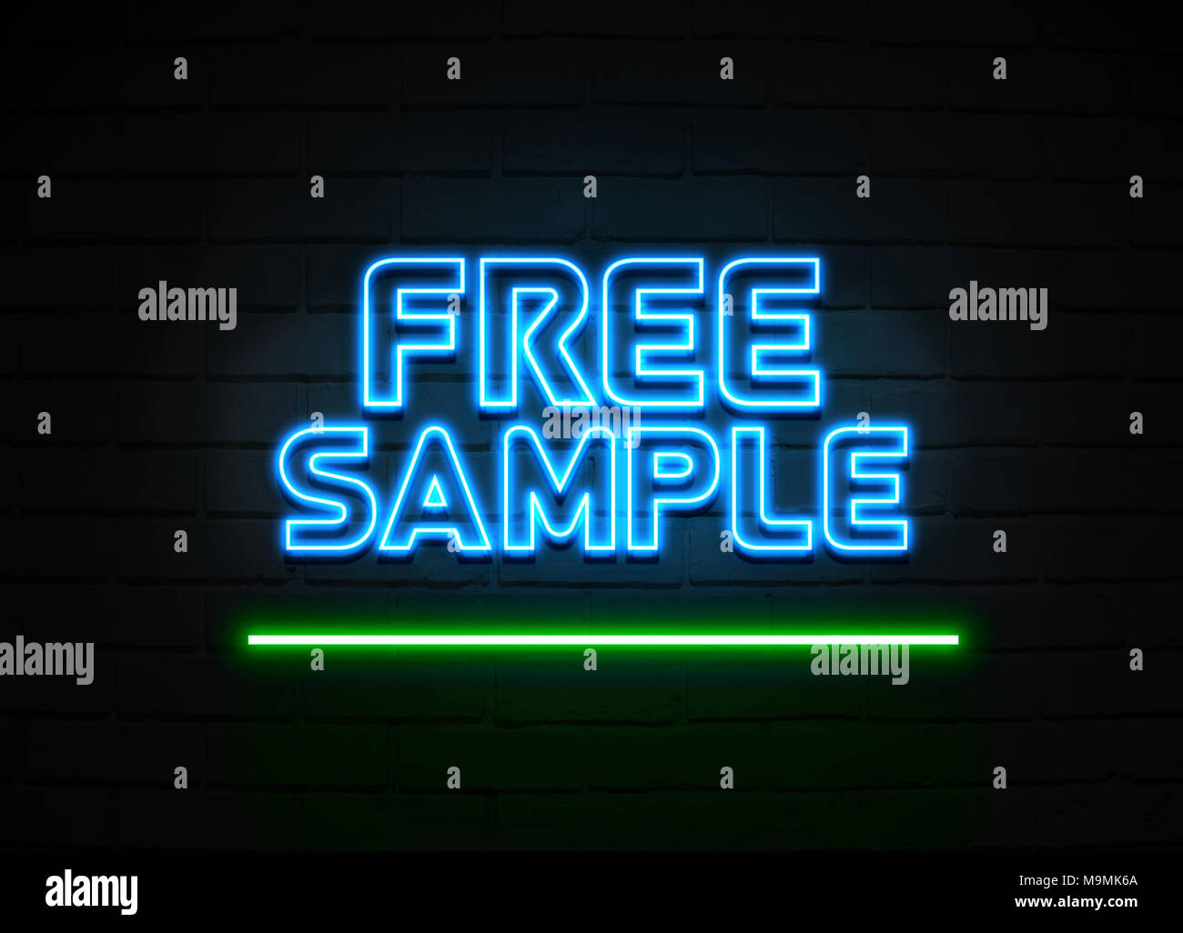Free Sample neon sign - Glowing Neon Sign on brickwall wall - 3D rendered royalty free stock illustration. Stock Photo