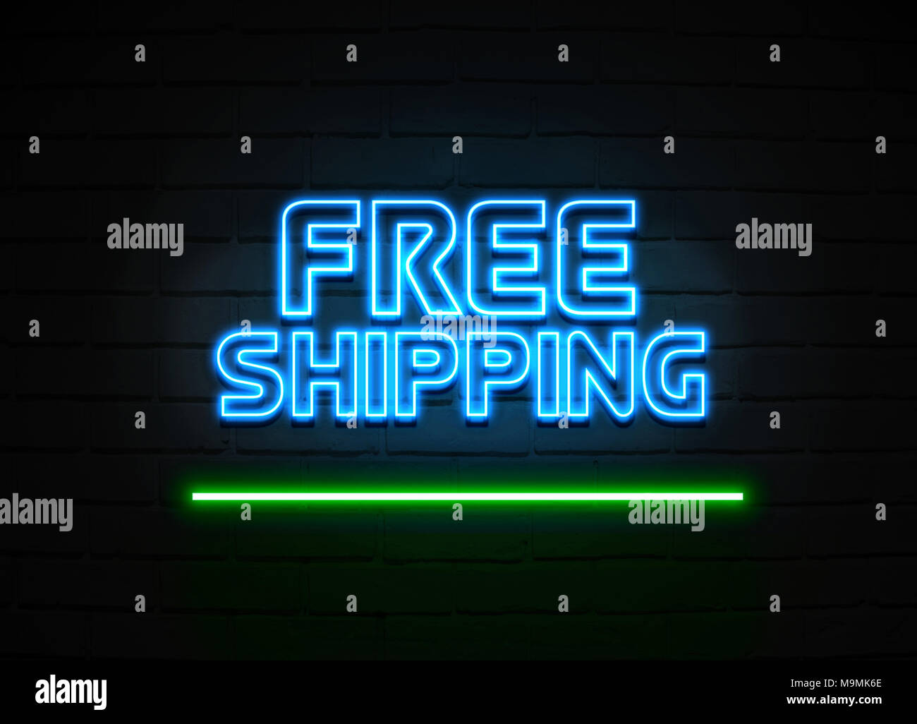 Free Shipping neon sign - Glowing Neon Sign on brickwall wall - 3D rendered royalty free stock illustration. Stock Photo