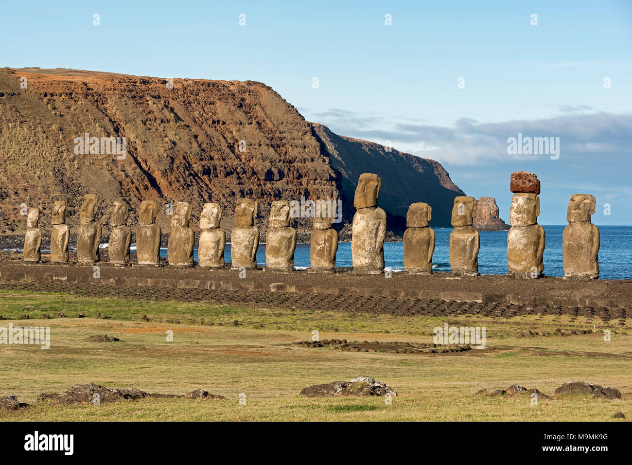 Stone figures, group of Moais, Ahu Tongariki, Easter Island, Chile Stock Photo Alamy