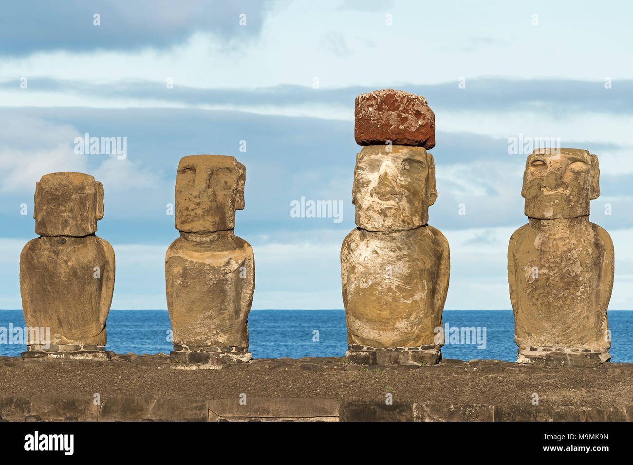 Stone figures, group of Moais, Ahu Tongariki, Easter Island, Chile Stock Photo Alamy