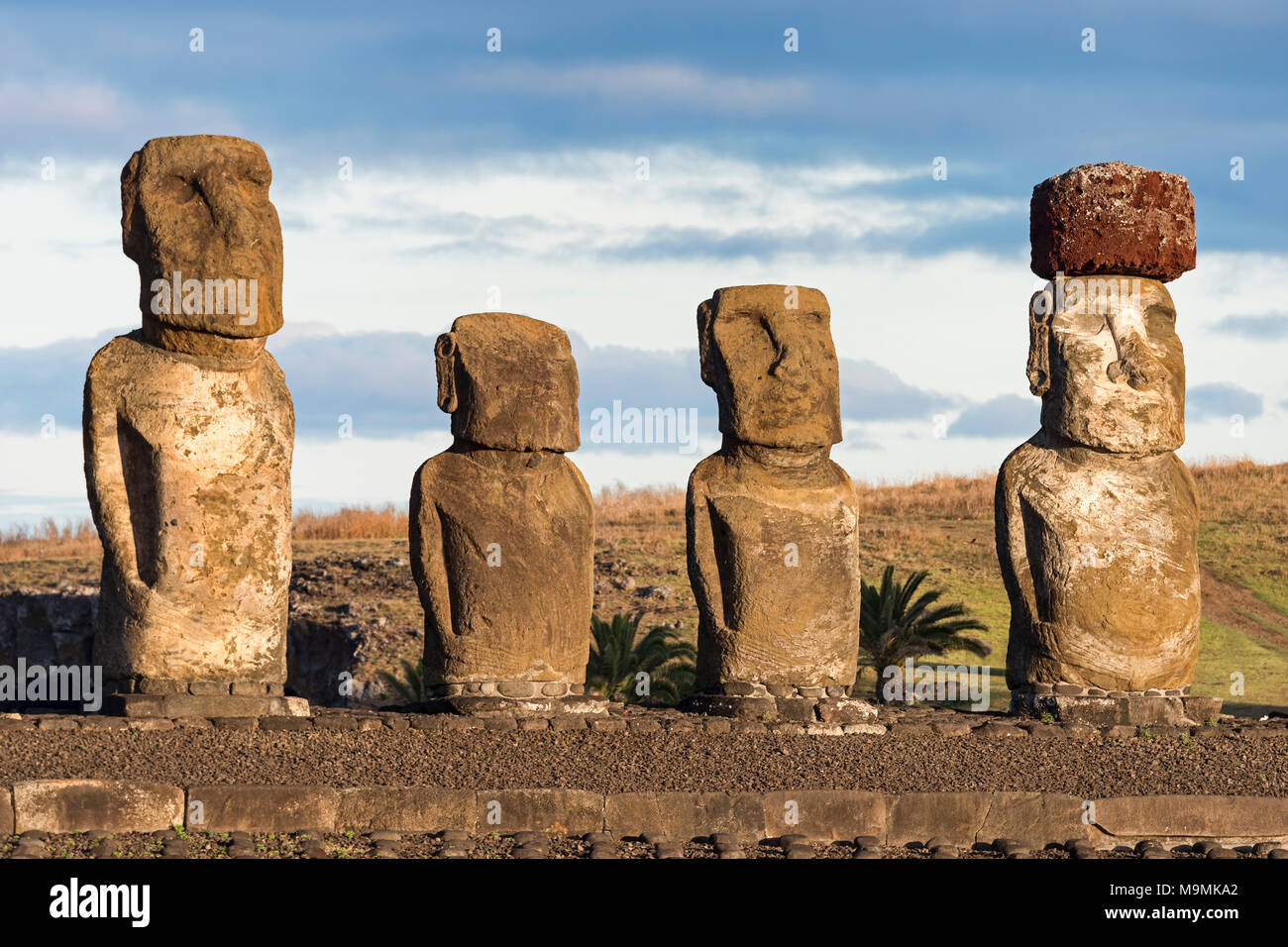 Stone figures, group of Moais, Ahu Tongariki, Easter Island, Chile Stock Photo Alamy