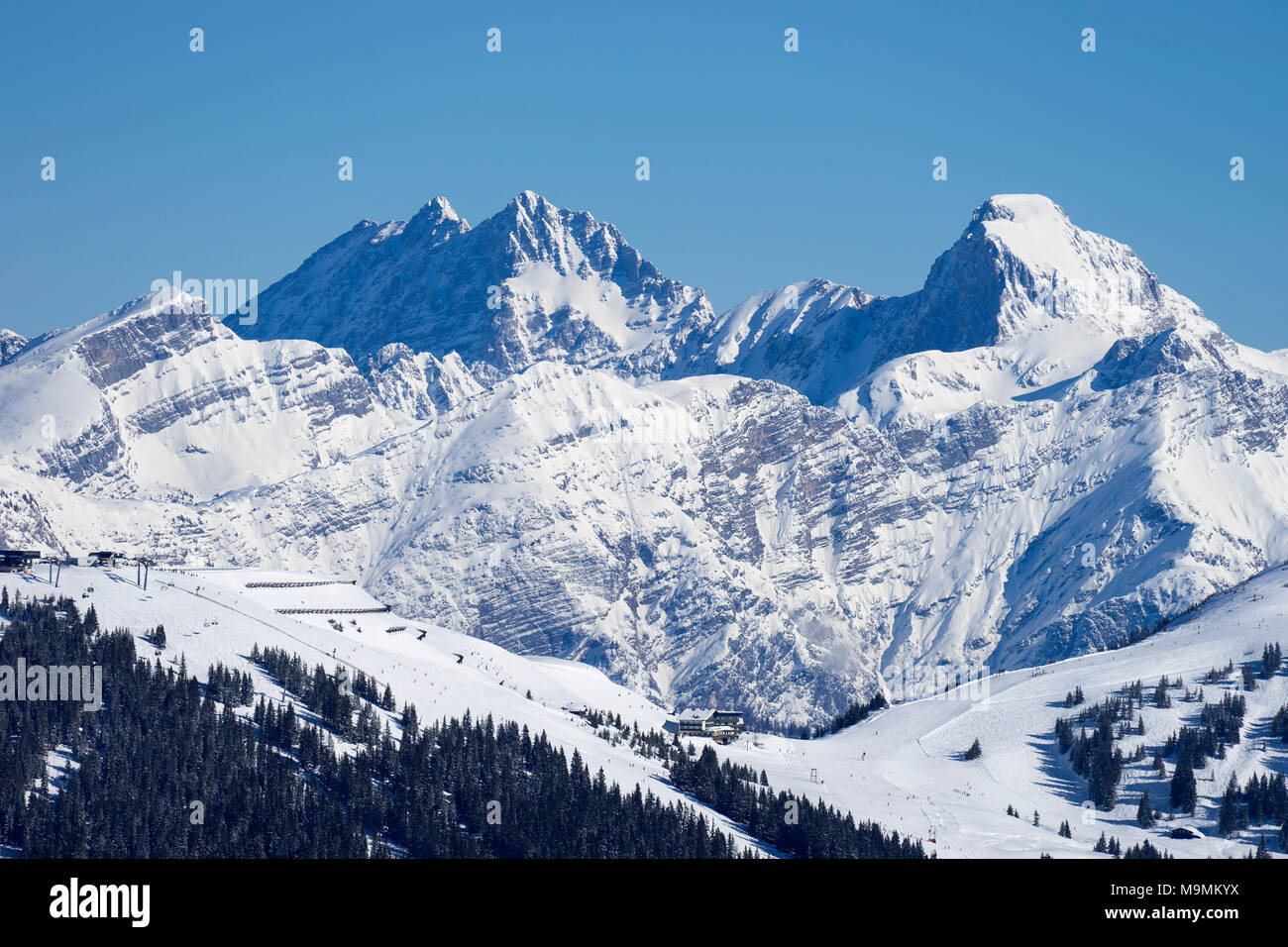 Watzmann and Großer Hundstod in winter, Berchtesgaden Alps, View from Saalbach, Bavaria, Salzburger Land, Austria Stock Photo