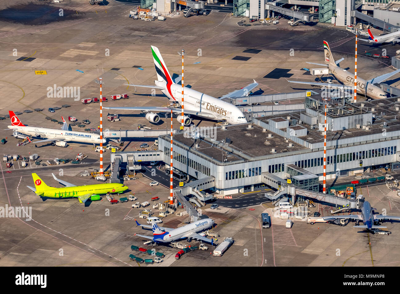 Terminal with aircrafts, various airlines, Düsseldorf Airport, North Rhine-Westphalia, Germany Stock Photo