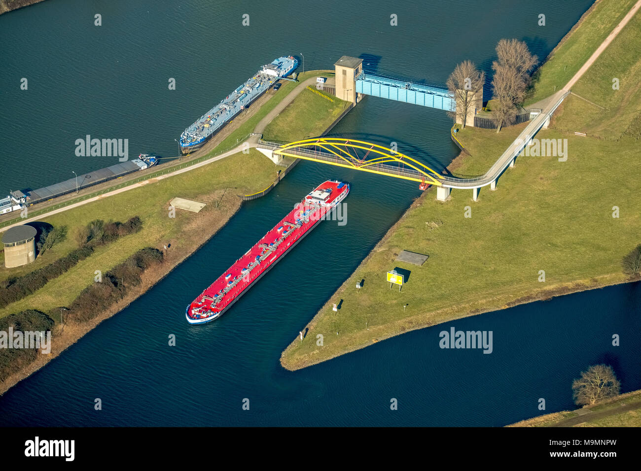 Aerial view, Cargo ship in the connection between the Ruhr and Rhein-Herne Canal near Duisburg, North Rhine-Westphalia, Germany Stock Photo