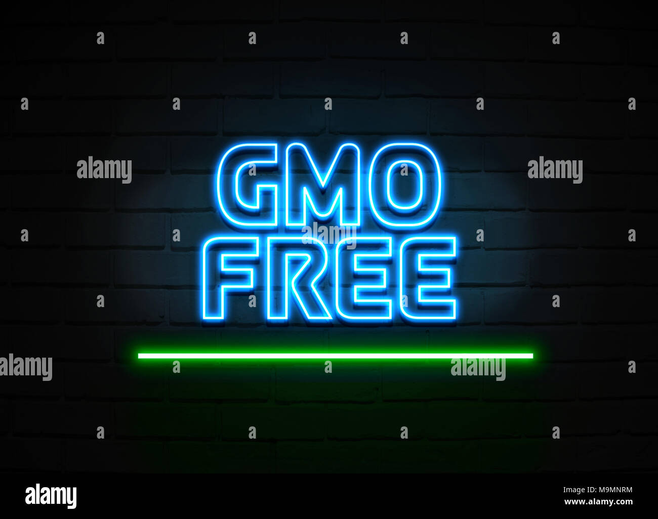 Gmo Free neon sign - Glowing Neon Sign on brickwall wall - 3D rendered royalty free stock illustration. Stock Photo