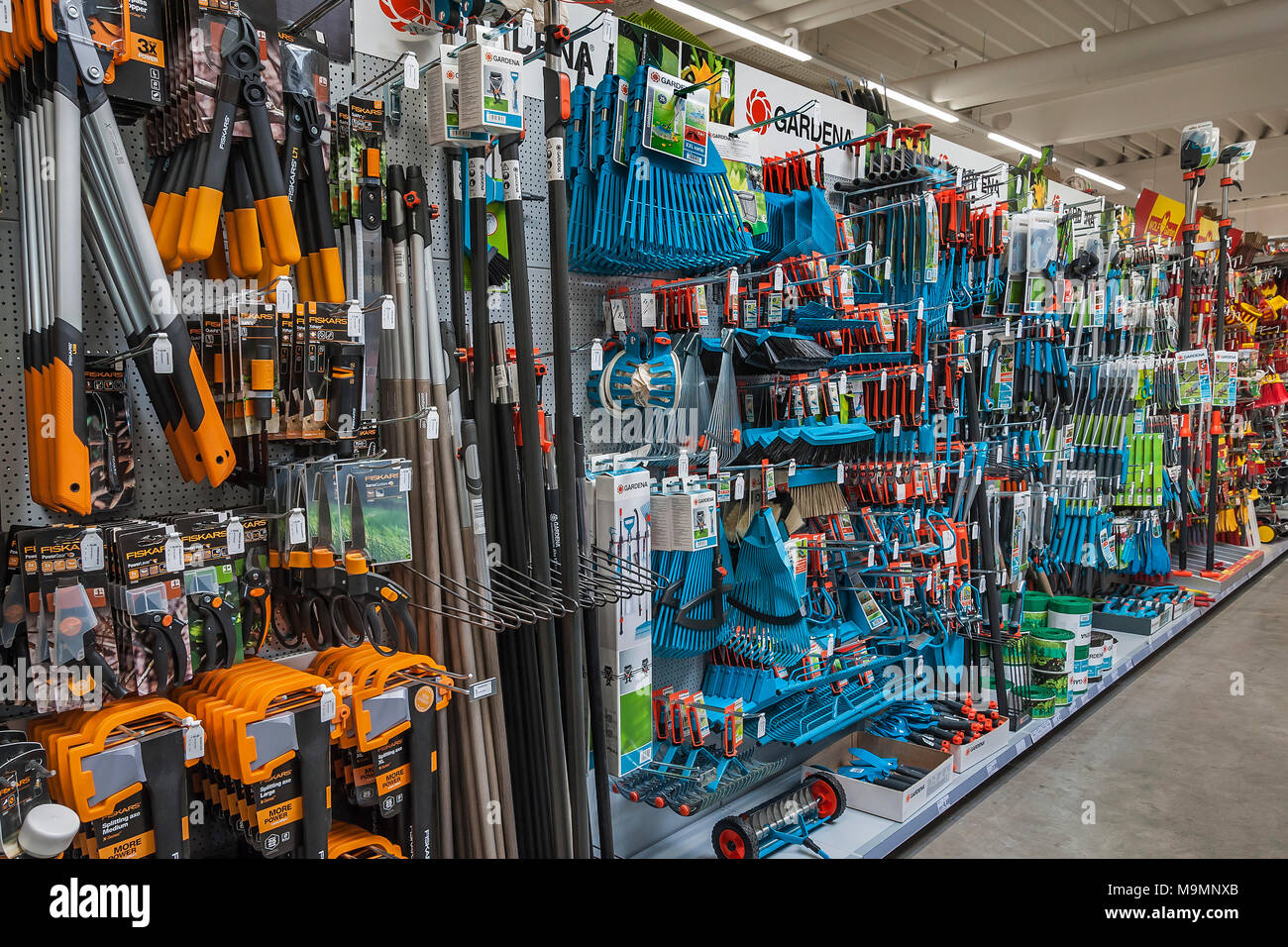 Garden tools on shelves, garden centre, interior, Bavaria, Germany Stock Photo
