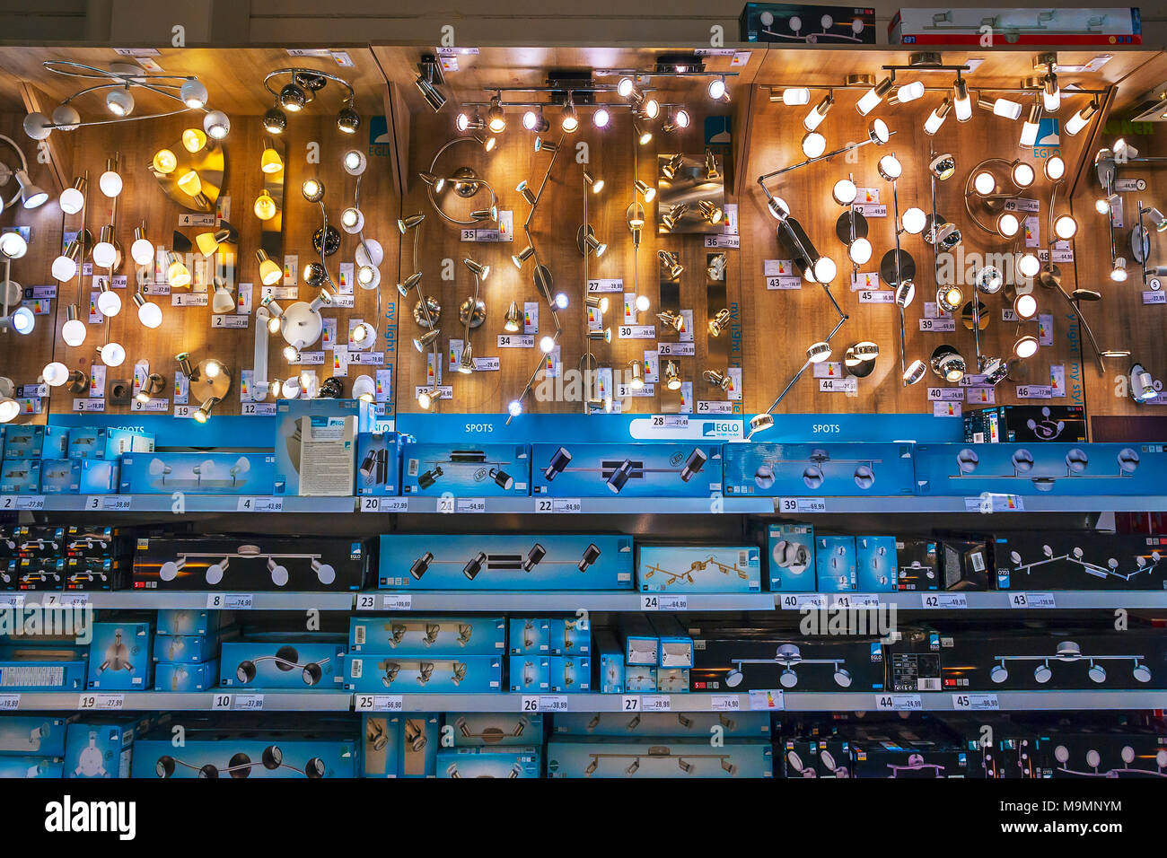 Lamps department, various lamps and lights, hardware store, interior, Bavaria, Germany Stock Photo