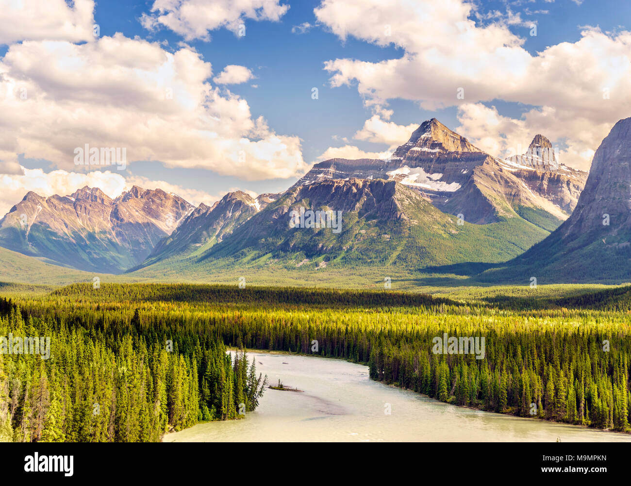 Landscape of Rockies mountain and Athabasca river, Jasper National Park, Alberta, Canada Stock Photo