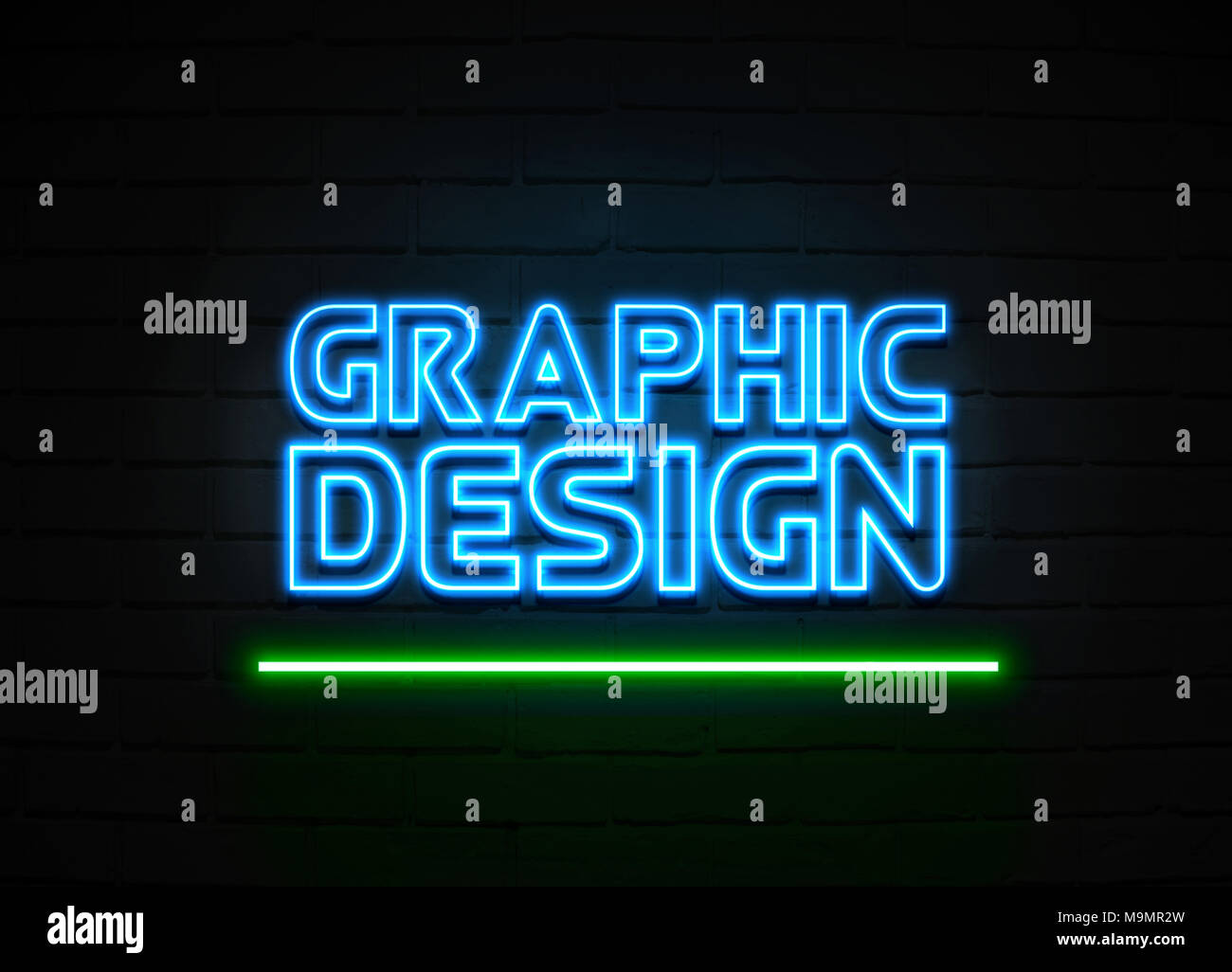 Graphic Design neon sign Glowing Neon Sign on brickwall wall 3D