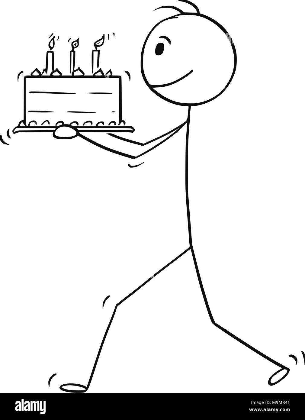 Cartoon of Man or Businessman Walking With Birthday Cake Stock Vector