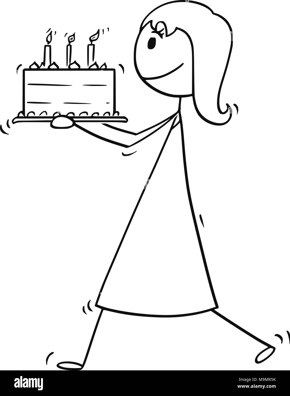 Cartoon of Woman or Businesswoman Walking With Birthday Cake Stock Vector