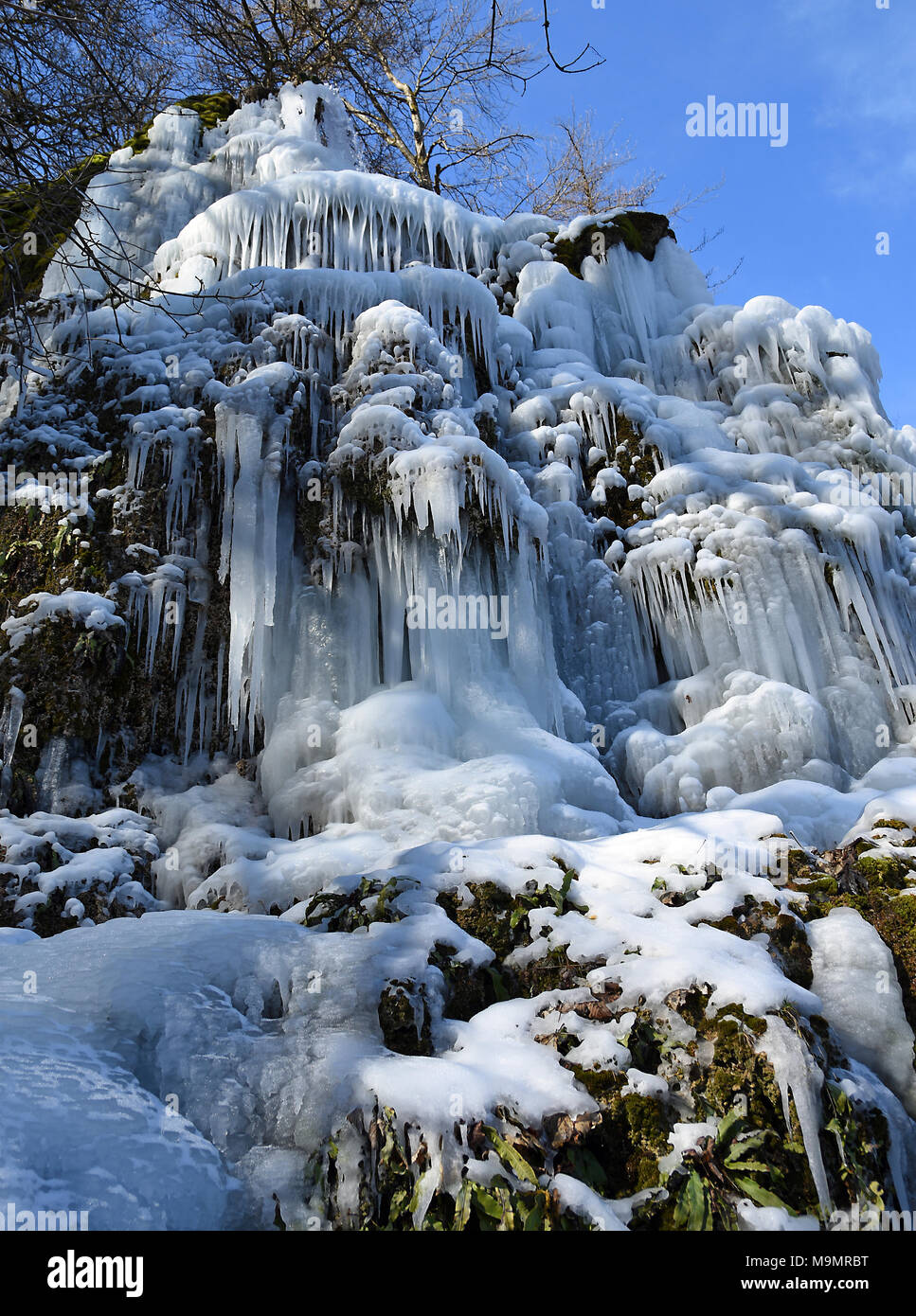 Gülstein waterfalls with icicles, Bad Urach, Swabian Alb, Baden-Württemberg, Germany Stock Photo