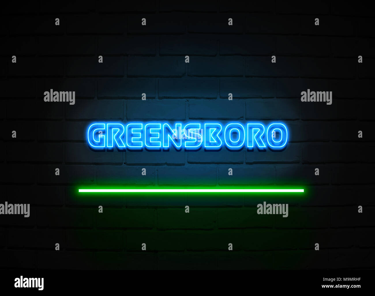 Greensboro neon sign Glowing Neon Sign on brickwall wall 3D
