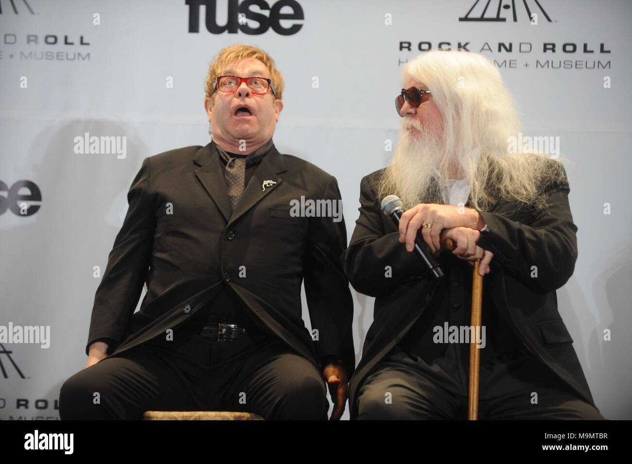 NEW YORK, NY - MARCH 14: Elton John Leon Russell  at the 26th annual Rock and Roll Hall of Fame Induction Ceremony at The Waldorf Astoria on March 14, 2011 in New York City   People:  Elton John Leon Russell Stock Photo