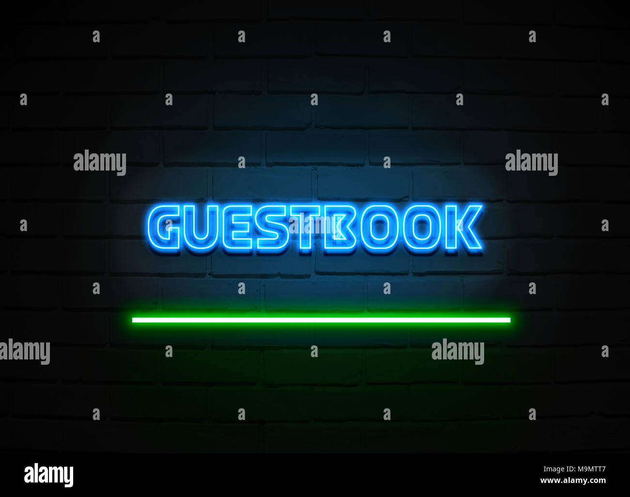Guestbook neon sign - Glowing Neon Sign on brickwall wall - 3D rendered royalty free stock illustration. Stock Photo
