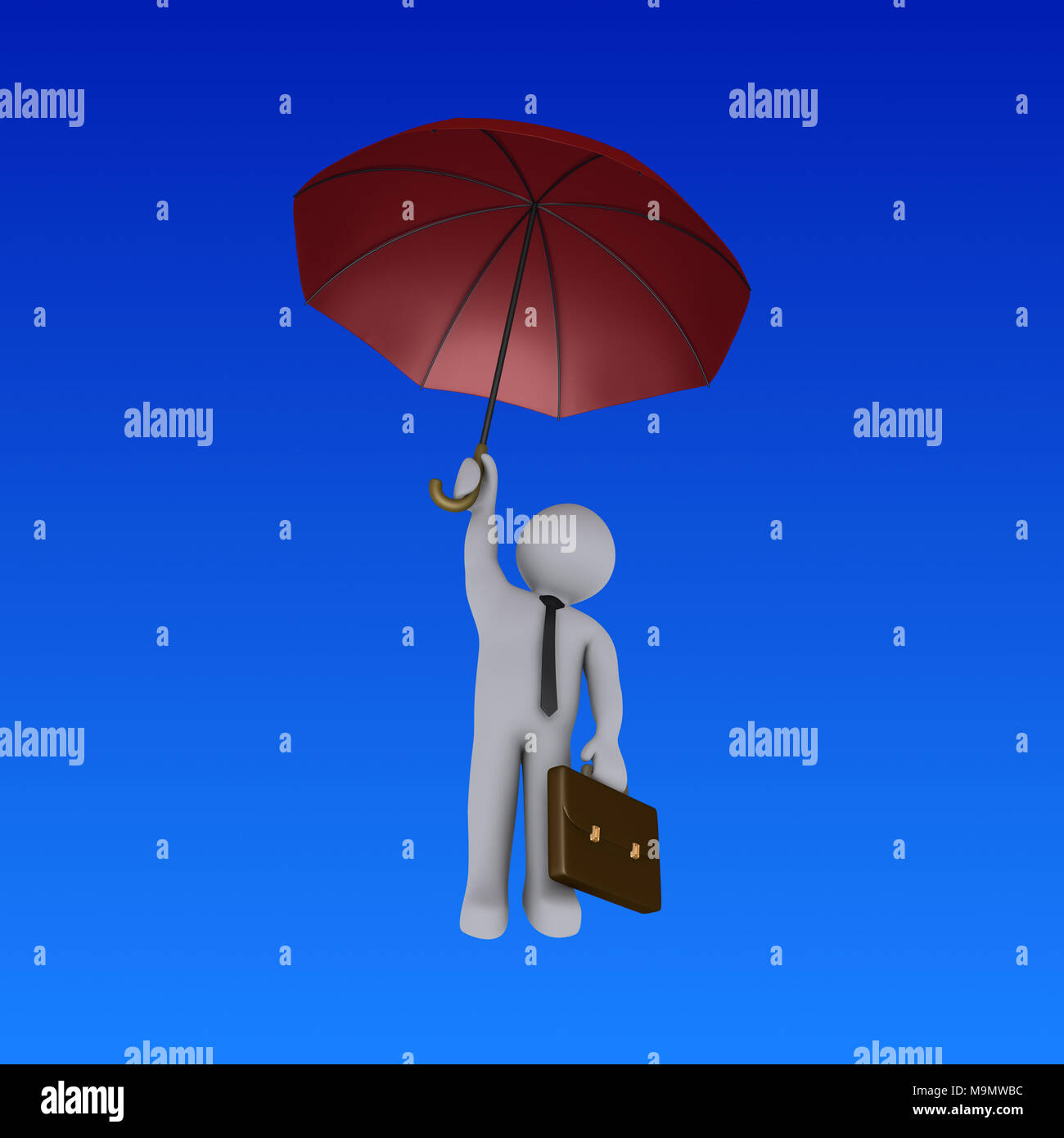 3d businessman holding an umbrella is falling from the sky Stock Photo