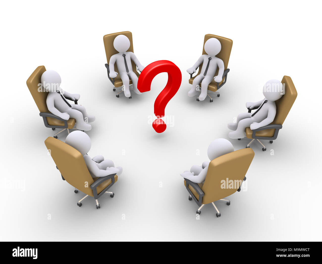 3d businessmen sitting on armchairs and a question mark in the middle