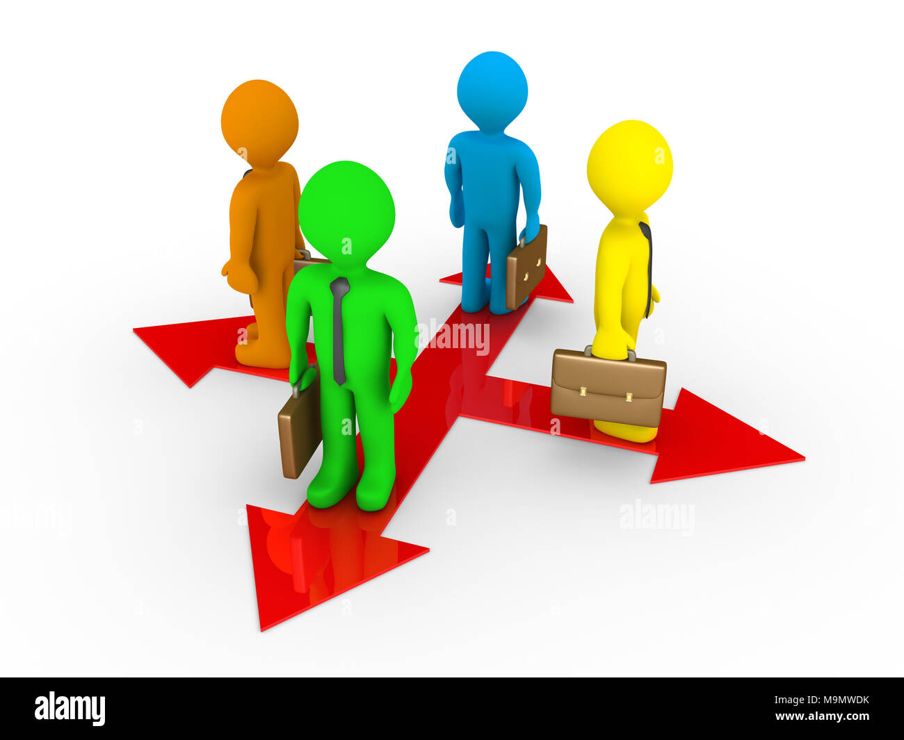 four-businessmen-on-arrows-pointing-at-different-direction-stock-photo