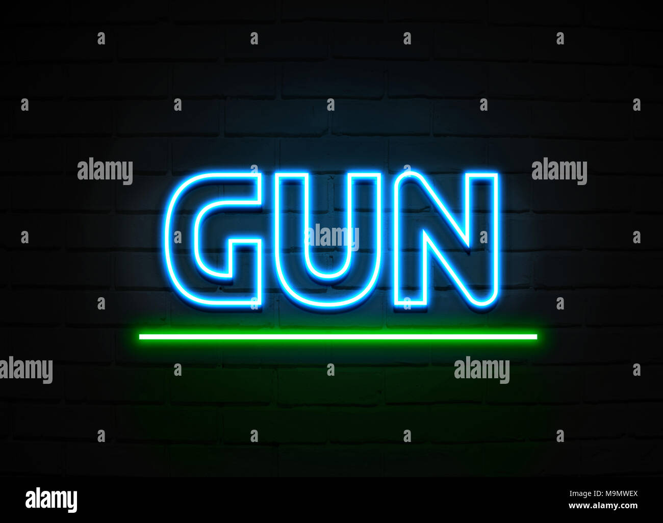Gun neon sign - Glowing Neon Sign on brickwall wall - 3D rendered