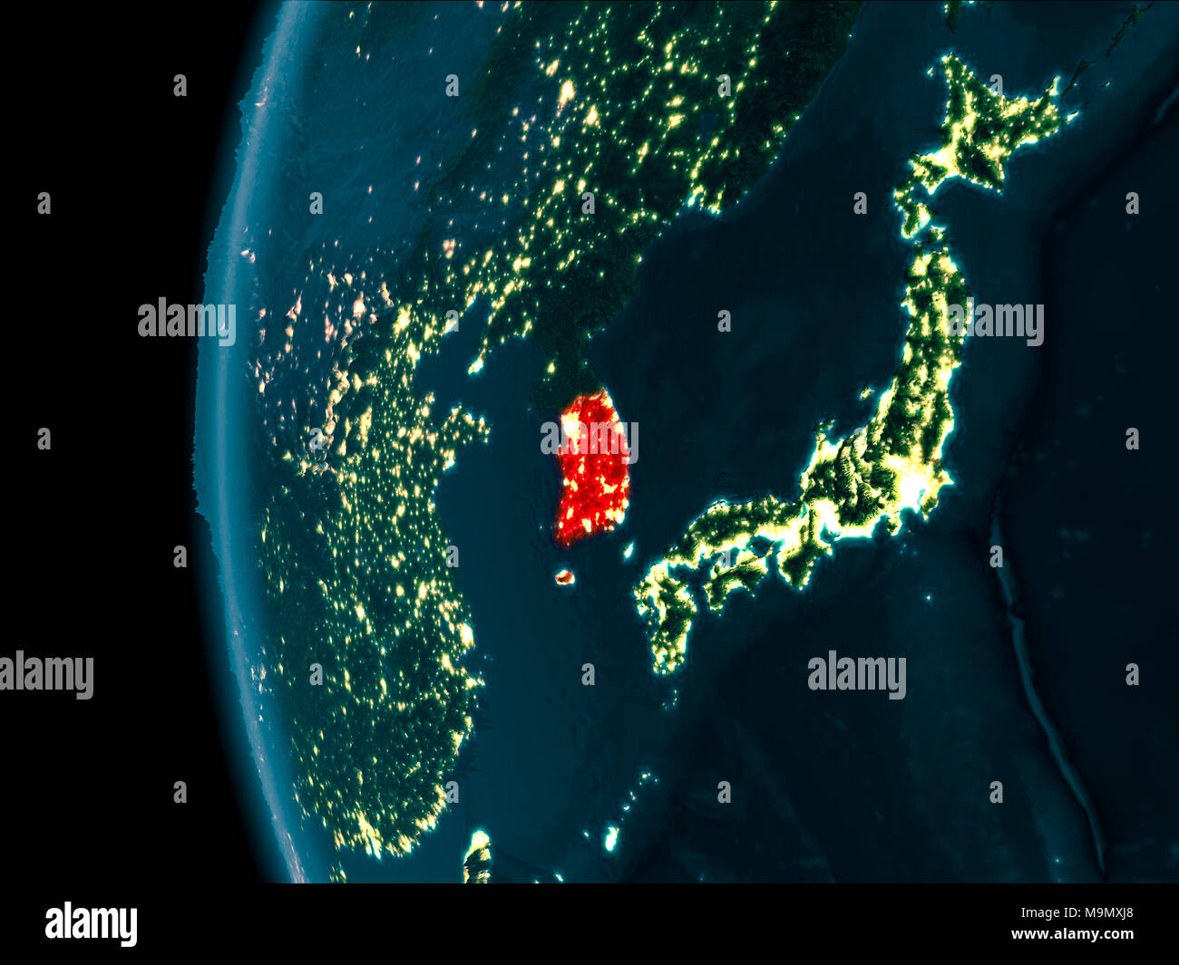 South Korea from orbit of planet Earth at night with highly detailed ...