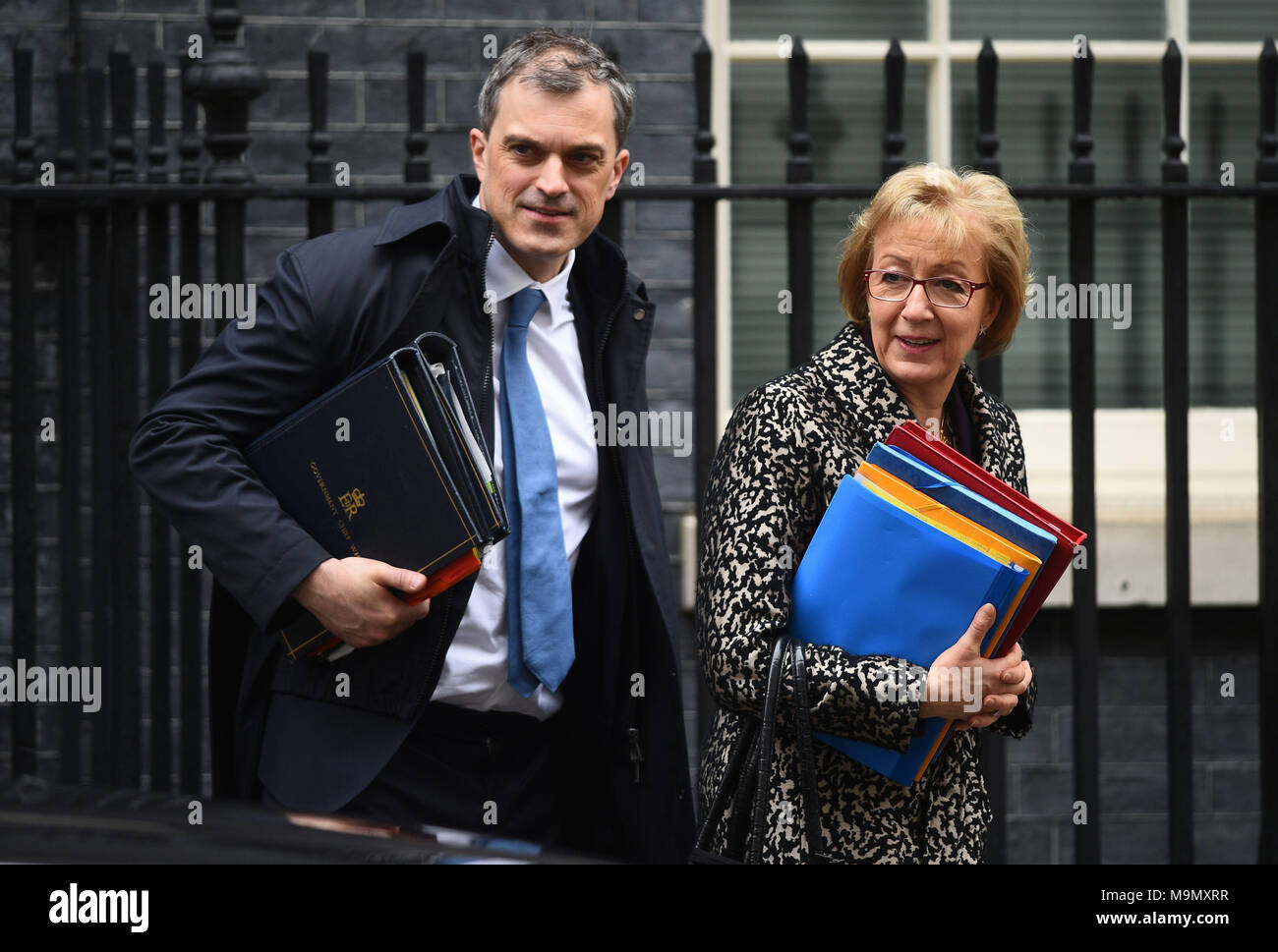 Chief Whip Julian Smith and Leader of the House of Commons Andrea Leadsom depart Downing Street, London, after a cabinet meeting. Stock Photo