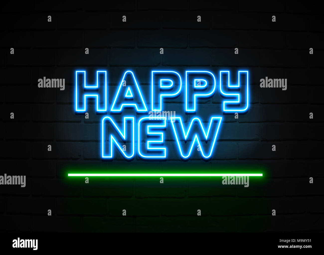 Happy New Year neon sign - Glowing Neon Sign on brickwall wall - 3D