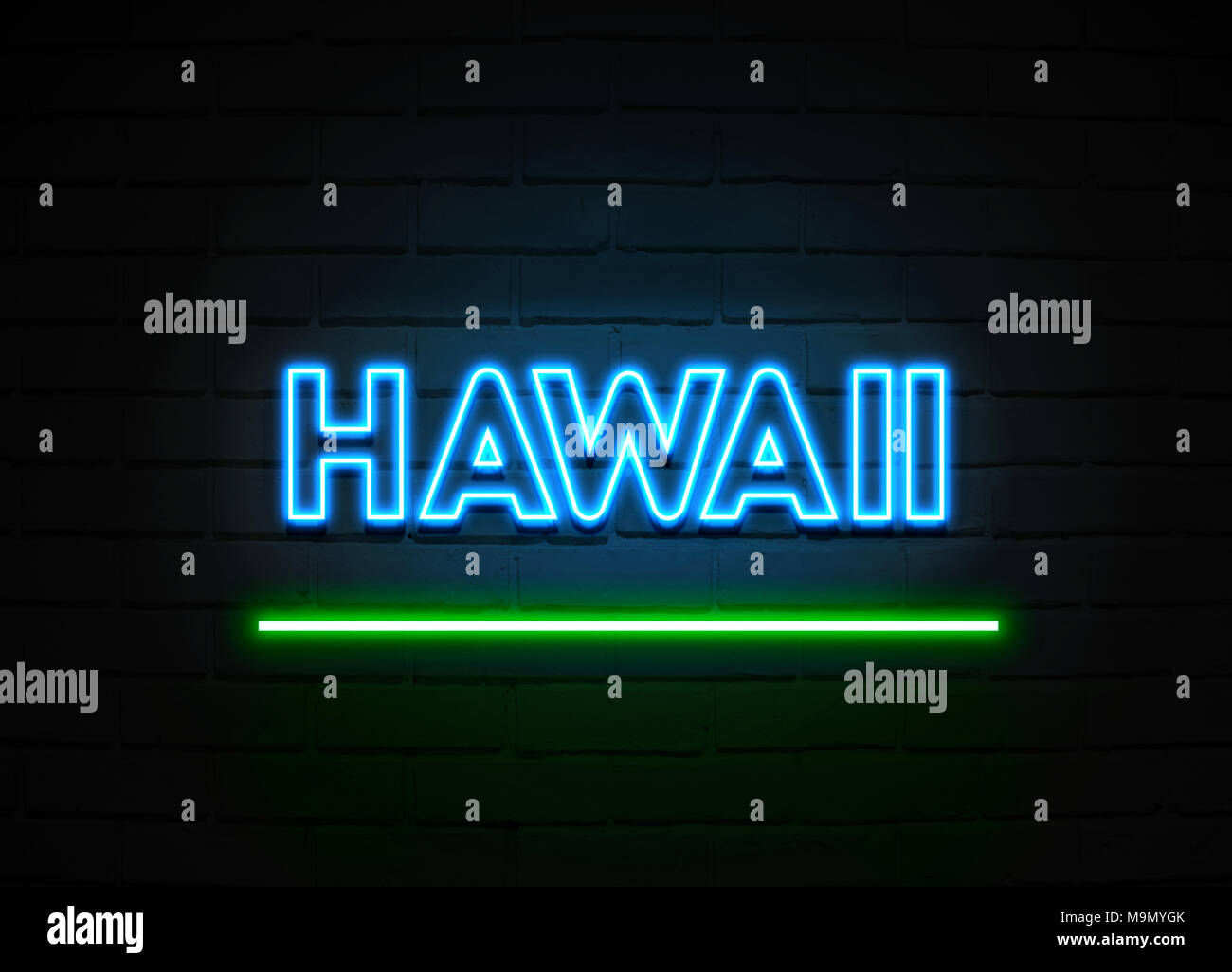 Hawaii neon sign Glowing Neon Sign on brickwall wall 3D rendered