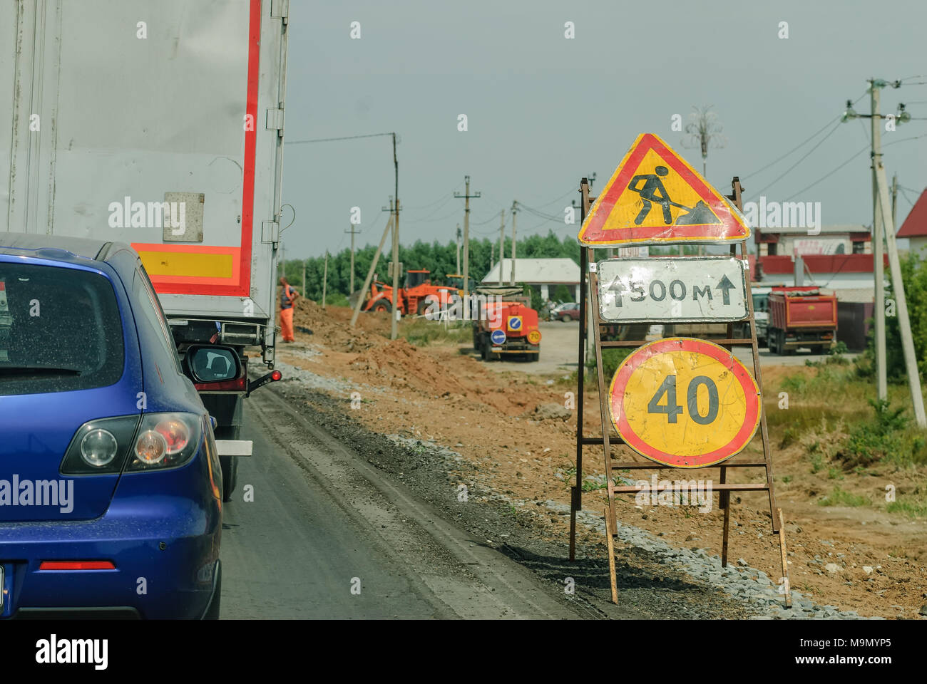 Road works, Maximum speed limit signs on the repair and construction work at interstate highway. Russia Stock Photo