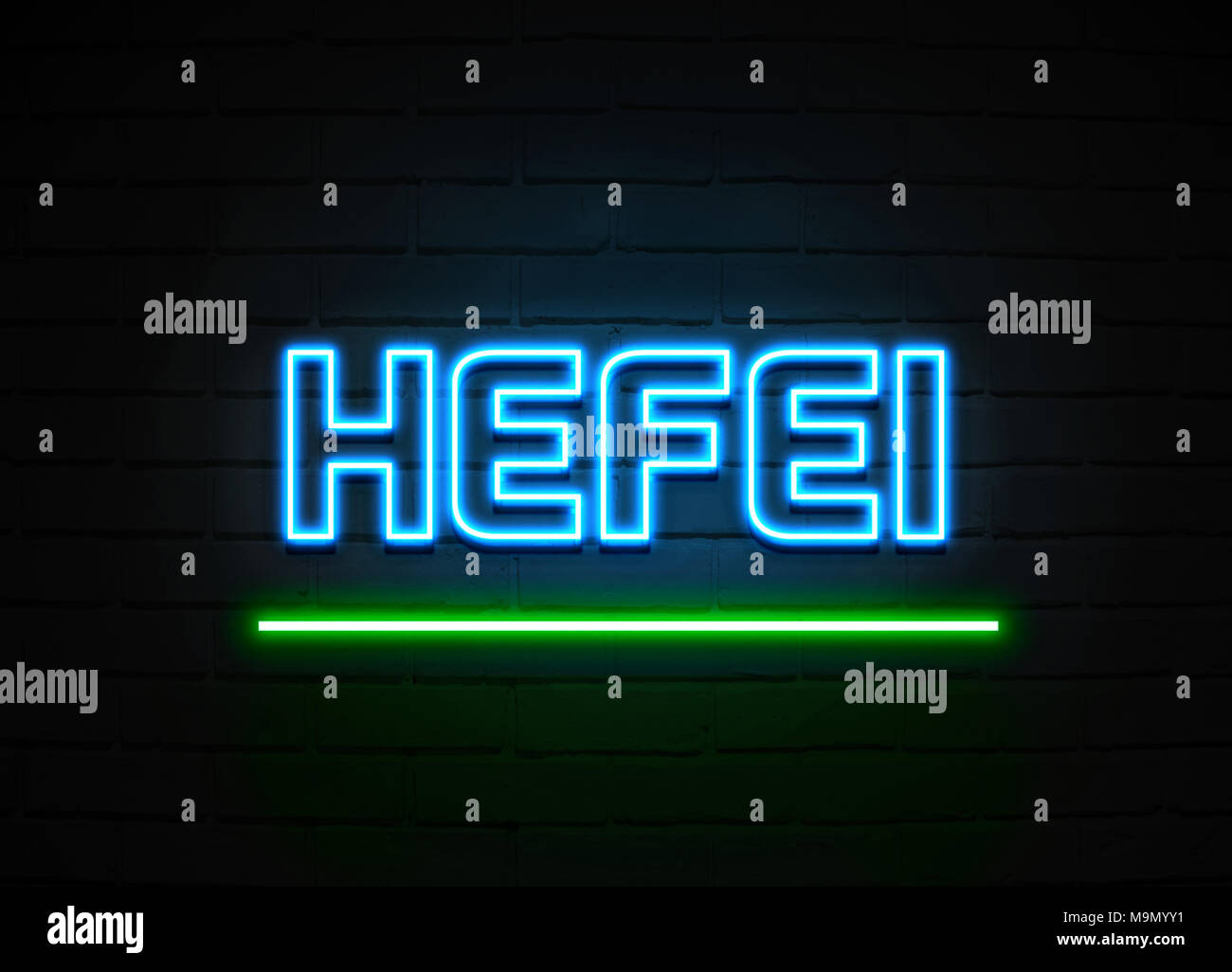 Hefei neon sign - Glowing Neon Sign on brickwall wall - 3D rendered royalty free stock illustration. Stock Photo