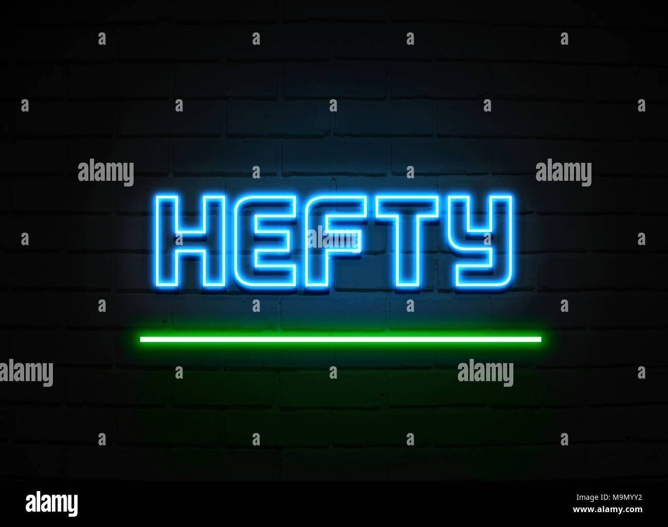 Hefty neon sign - Glowing Neon Sign on brickwall wall - 3D rendered royalty free stock illustration. Stock Photo