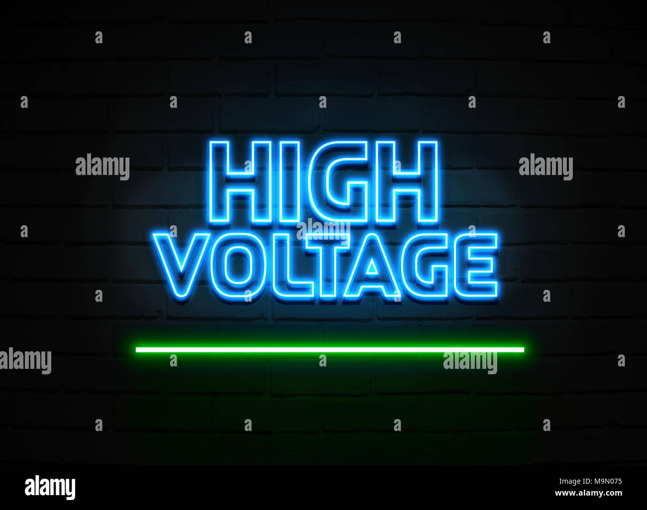 High Voltage neon sign Glowing Neon Sign on brickwall wall 3D rendered royalty free stock