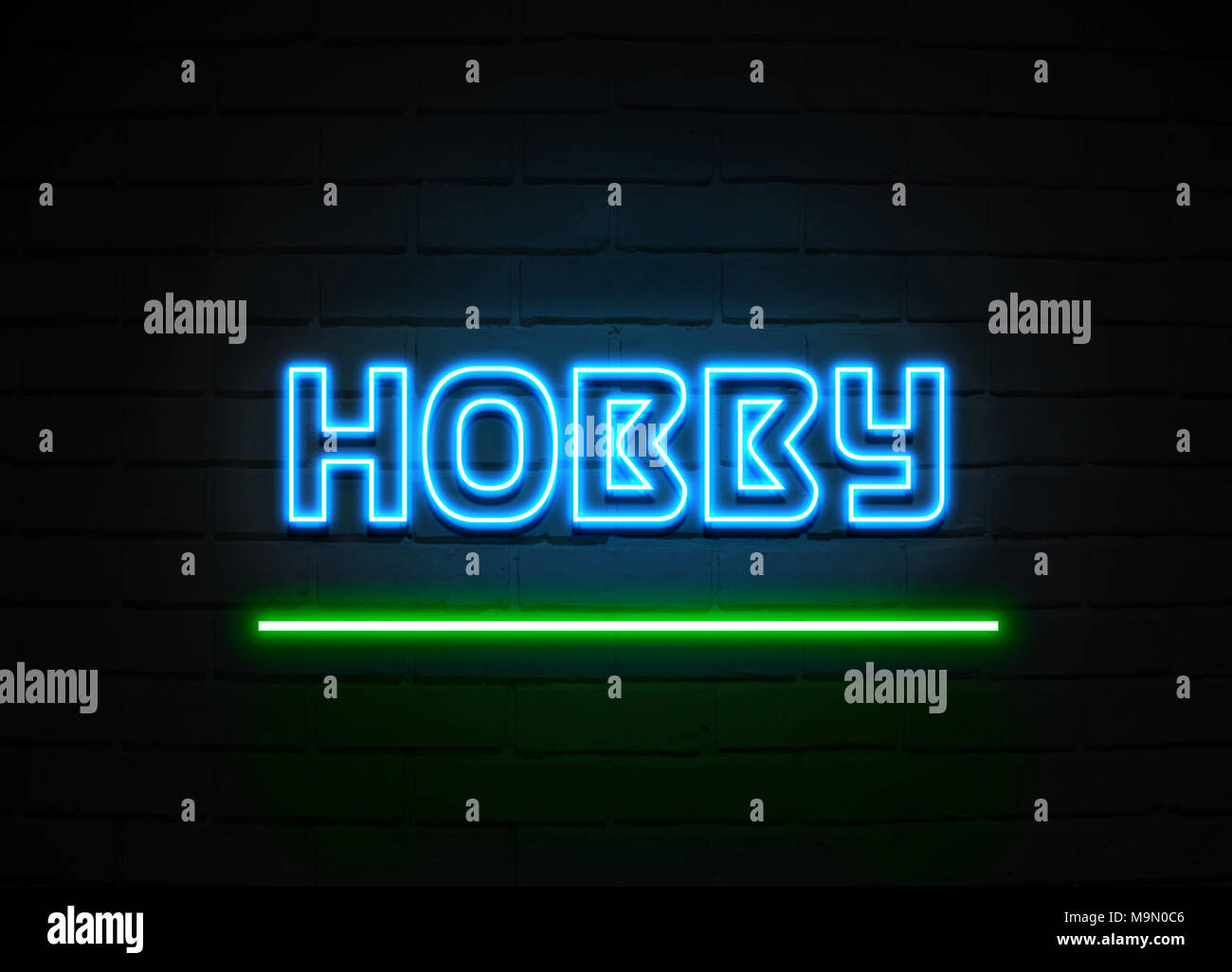 Hobby neon sign Glowing Neon Sign on brickwall wall 3D rendered