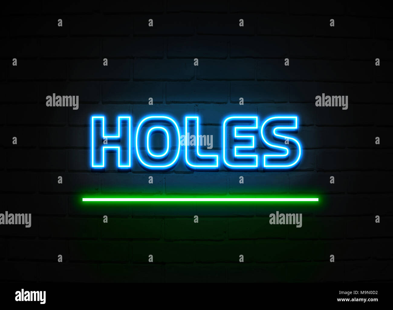 Holes neon sign - Glowing Neon Sign on brickwall wall - 3D rendered royalty free stock illustration. Stock Photo