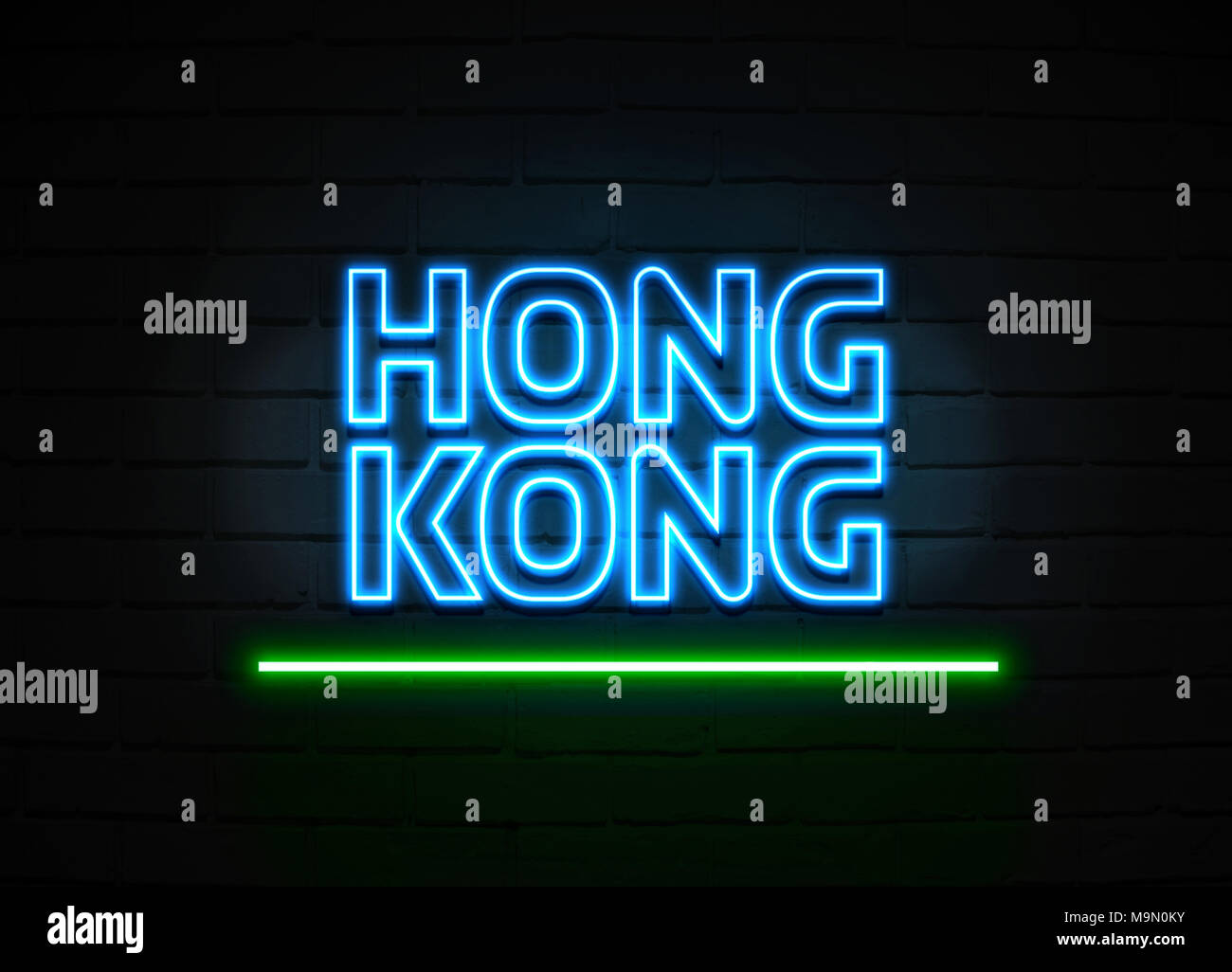 Hong Kong neon sign Glowing Neon Sign on brickwall wall 3D rendered