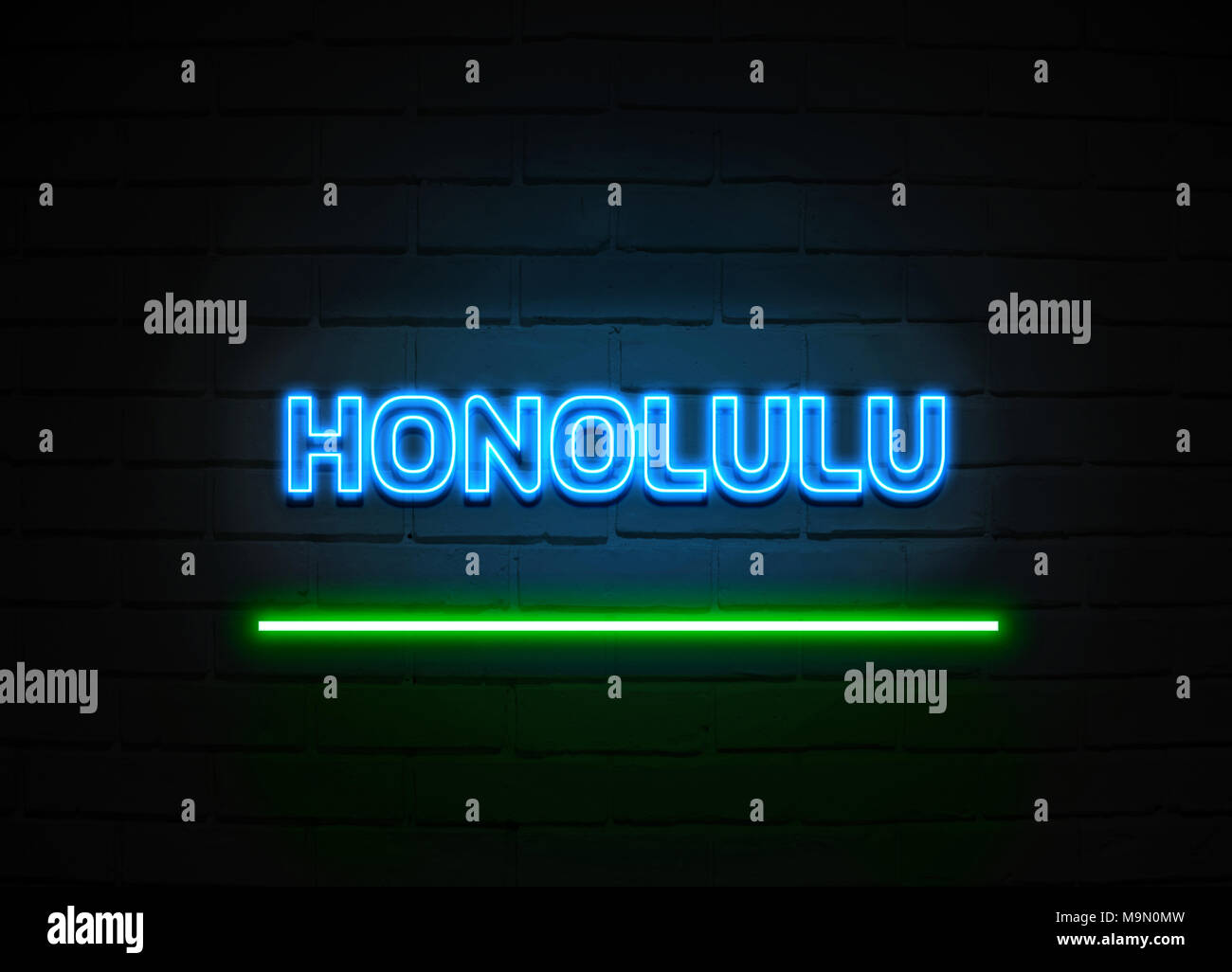 Honolulu neon sign Glowing Neon Sign on brickwall wall 3D rendered