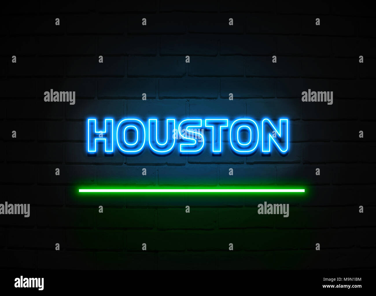 Houston neon sign Glowing Neon Sign on brickwall wall 3D rendered