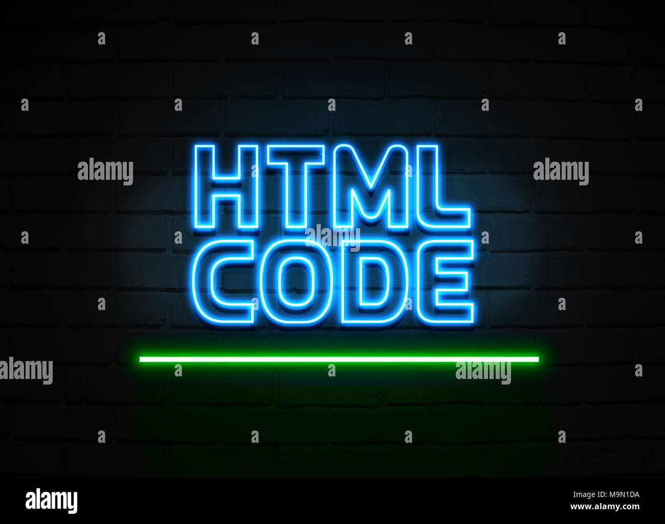 Html Code neon sign - Glowing Neon Sign on brickwall wall - 3D rendered ...