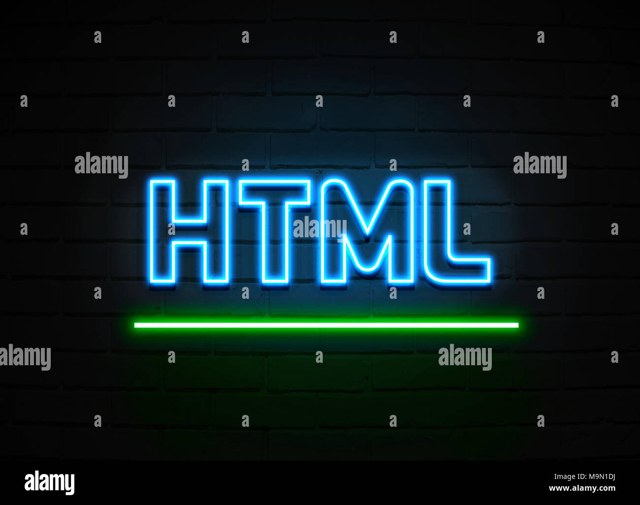 Html neon sign - Glowing Neon Sign on brickwall wall - 3D rendered ...