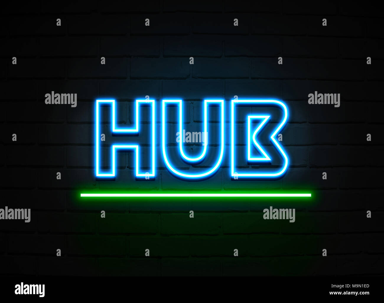 Hub neon sign - Glowing Neon Sign on brickwall wall - 3D rendered royalty free stock illustration. Stock Photo