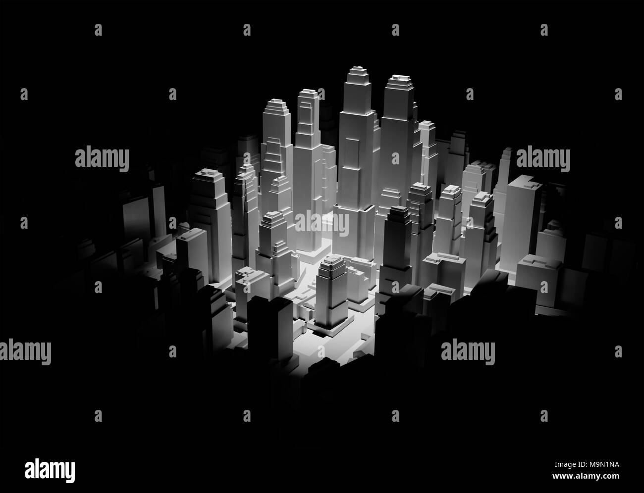 Middle of 3d city is illuminated by a spotlight Stock Photo Alamy