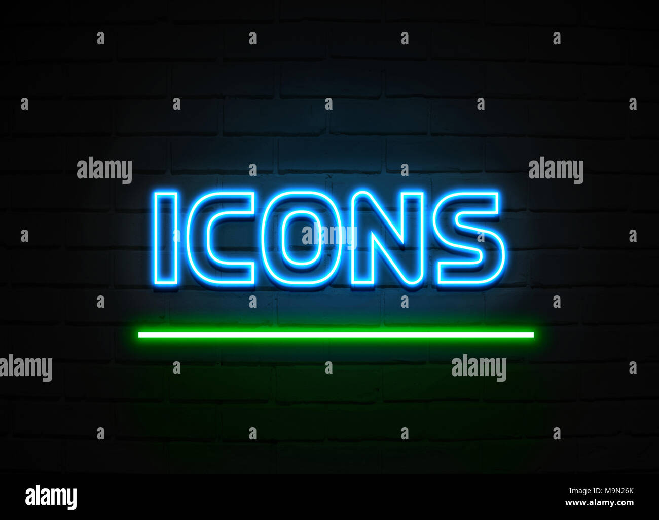 Icons neon sign - Glowing Neon Sign on brickwall wall - 3D rendered ...
