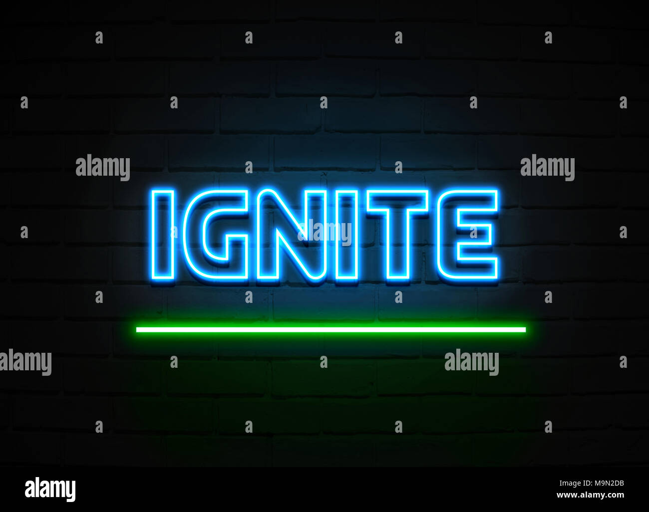 Ignite neon sign - Glowing Neon Sign on brickwall wall - 3D rendered royalty free stock illustration. Stock Photo