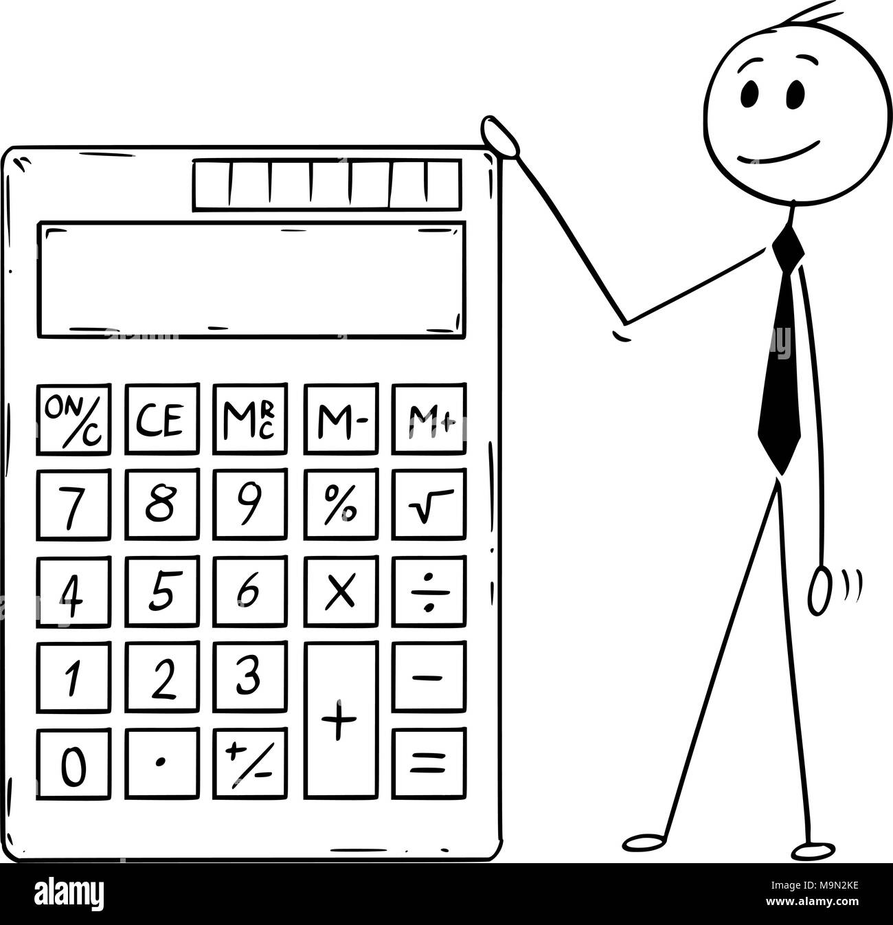 Cartoon of Businessman Standing With Big Electronic Calculator Stock Vector