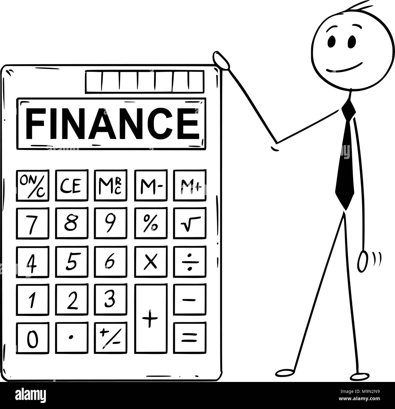 Cartoon of Businessman Standing With Big Electronic Calculator and Finance Text Stock Vector