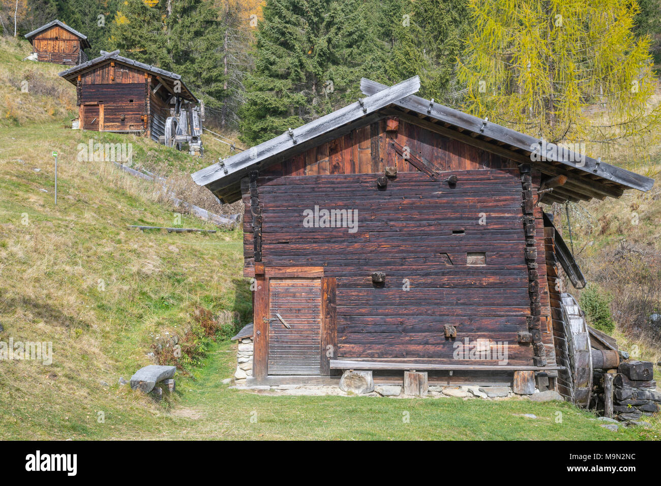 Three old mills on the Mühlenweg, Sentiero dei Mulini, Terenten, Trentino-Alto Adige, Italy Stock Photo