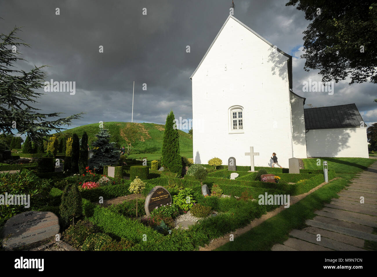 Romanesque Jelling kirke (church) built in 1100 and large North Mound, built 958 959 probably