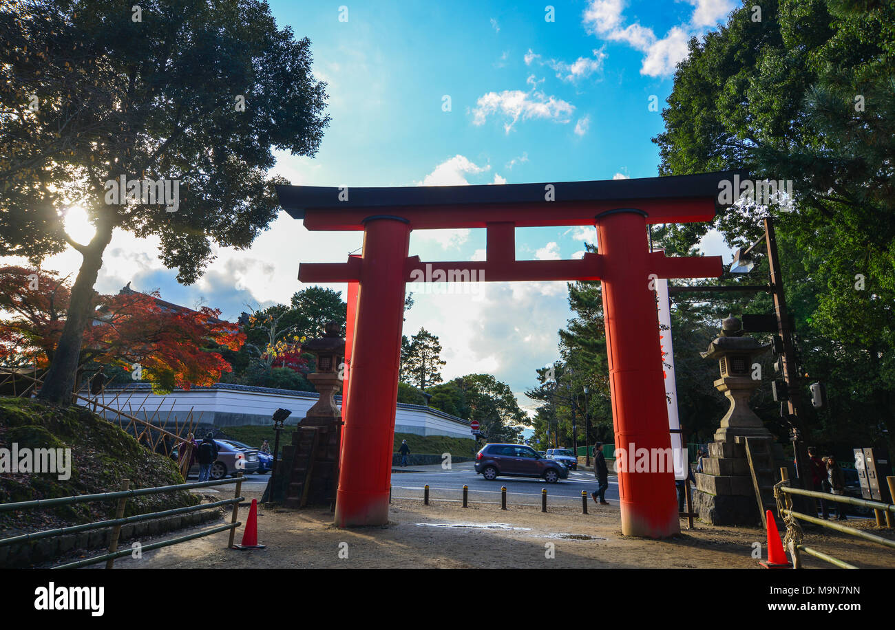 Nikko, Japan - Nov 25, 2016. Giant Torii at downtown in Nikko, Japan. Nikko is a popular destination for Japanese and international tourists. Stock Photo