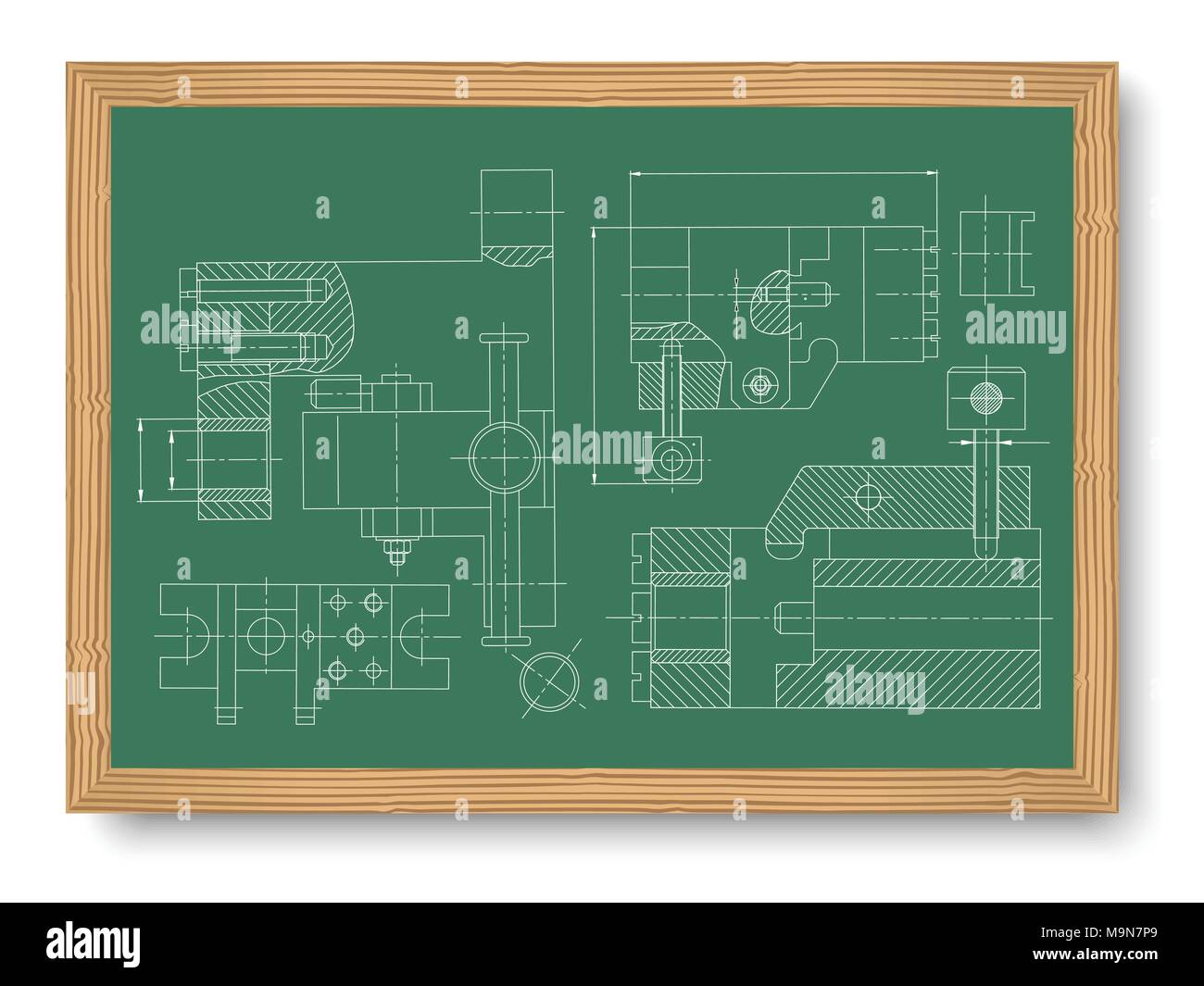 Mechanical Engineering drawing. Engineering Drawing Background. Drawing of mechanism on a board chalk. Vector Illustration Stock Vector