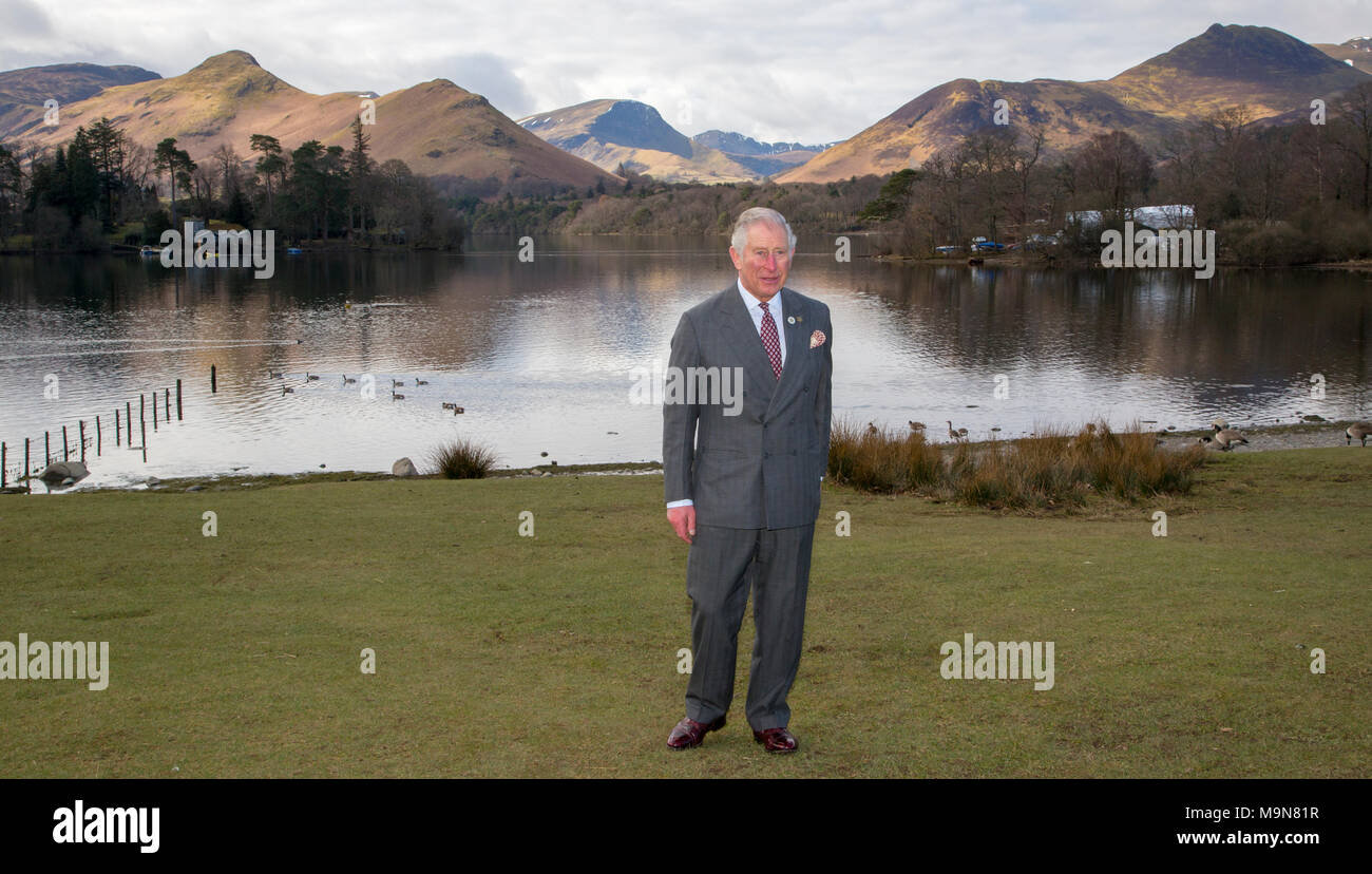 26th March 2018 Cumbria UK Britain's Prince Charles, attends a ceremony to unveil the official plaque to designate the Lake District National Park as a United Nations Educational, Scientific & Cultural Organisation World Heritage Site in Keswick, Cumbria, and afterwards attended a reception at the nearby Theatre by the Lake. PHOTOGRAPH BY MICHAEL DUNLEA tel +44 (0) 7831 237060 ©MICHAEL DUNLEA michael@sovereignsyndication.com Stock Photo